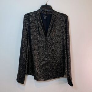 HALOGEN top blouse gold foil dot metallic hidden button front Vneck NWT women S